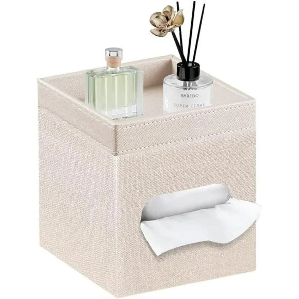 PU leather tissue box cover with storage tray bathroom bedroom office organizer